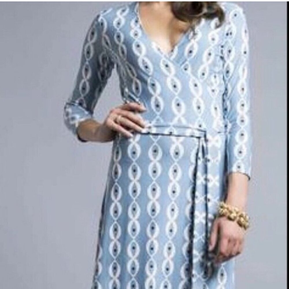 Anthropologie Leota faux wrap light blue print dress Womens Size Small classic